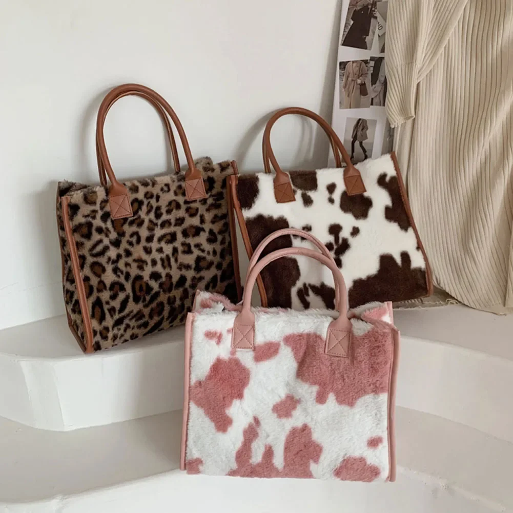 

Top-Handle Bags Retro Cow Leopard Print PU Leather Plush Design Autumn Winter Fashion Small Women Small Handbags