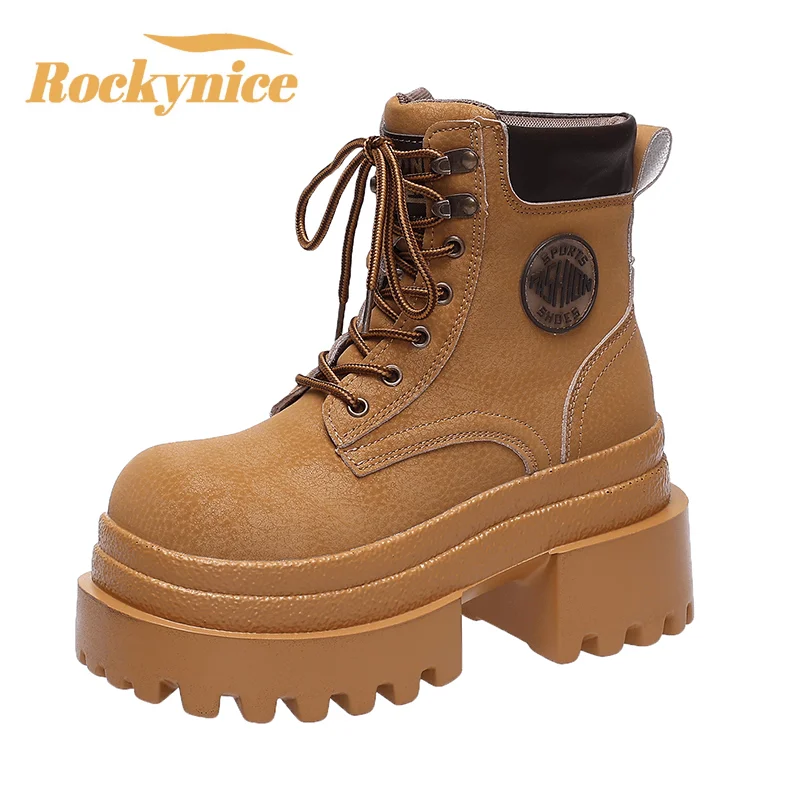 

Новинка 2025 года, женские ботильоны, осенне-зимняя обувь в стиле панк, массивные ботинки на высокой платформе в стиле ретро, повседневные кожаные полусапоги Bota Mujer 9 см