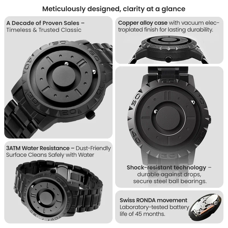 EUTOUR watches male magnetic watches quartz waterproof leather steel stainless steel bracelet watches black dial fashion sports