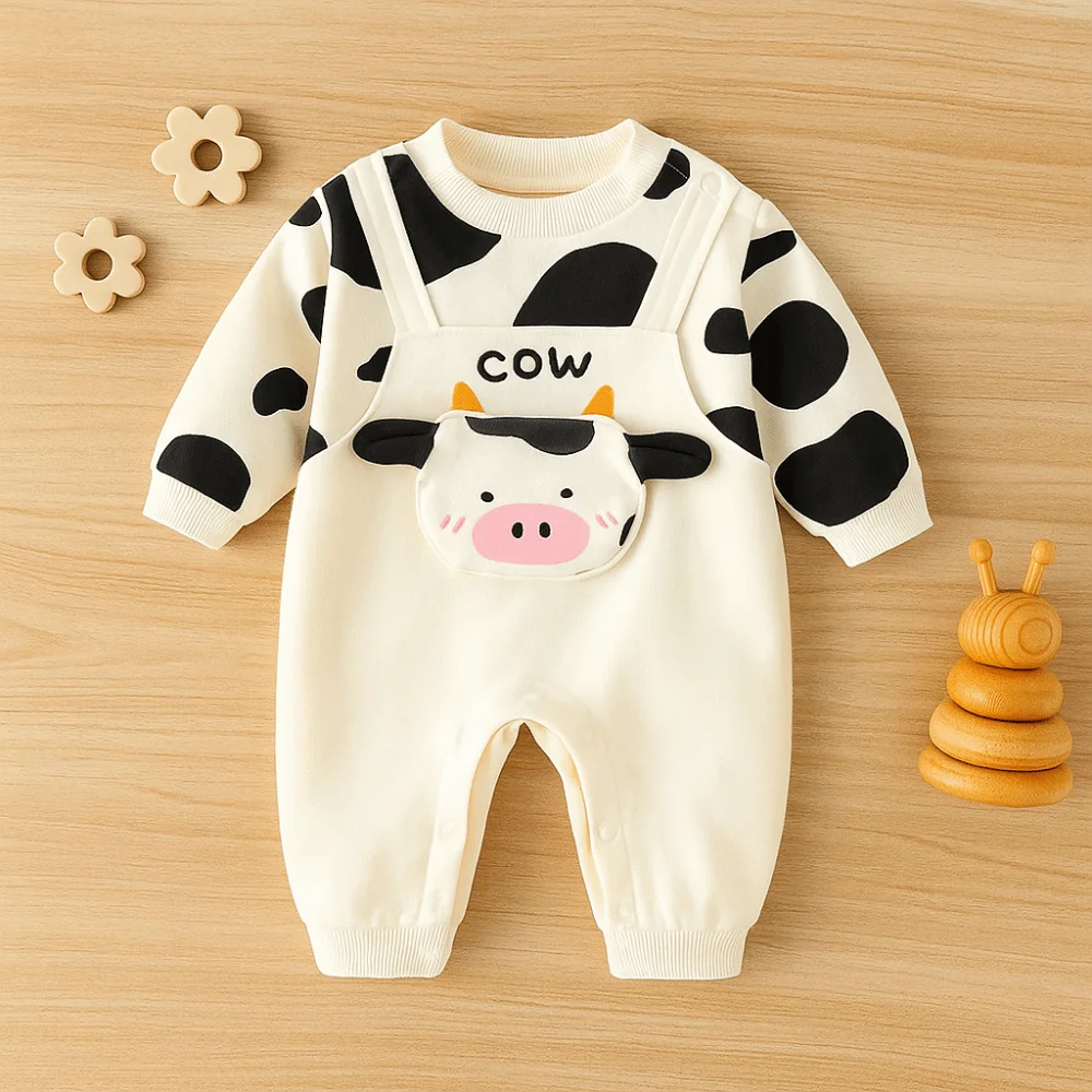 Kids Fashion Long Pants Cow Baby Romper Infant Casual Outfit Newborn Jumpsuit Soft Cotton False Two-pieces Jumpsuit Toddle