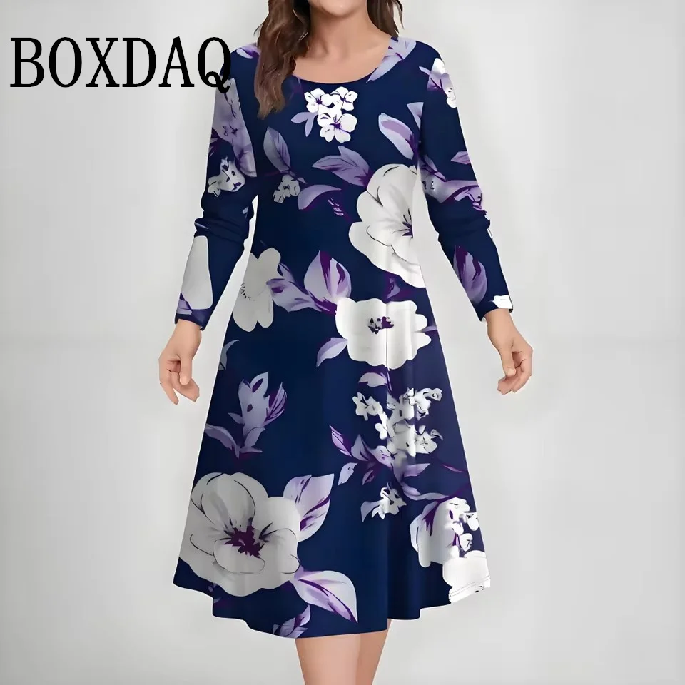 

Осень-зима 202, женские платья с длинными рукавами и принтом, винтажное элегантное платье трапециевидной формы с 3D цветами и графикой, повседневное платье больших размеров 9XL