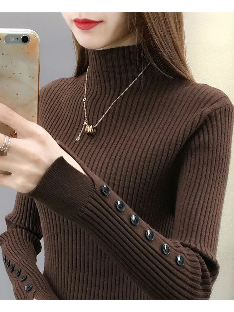 

New Semi Turtleneck Women's Sweaters Pullover Korean Slim Warm Basic Knitwear Fall Brown Black Sweater Female Button S-Xl
