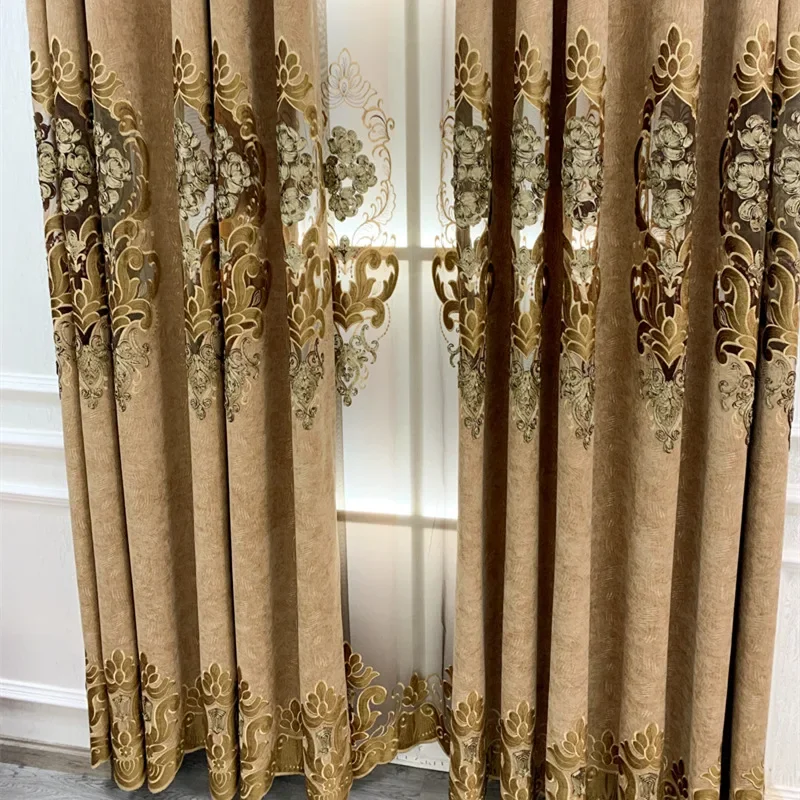 Luxury Coffee Colored Thickened Chenille Hollowed Out Embroidered Window Curtains for Living Room Bedroom Villa Customization