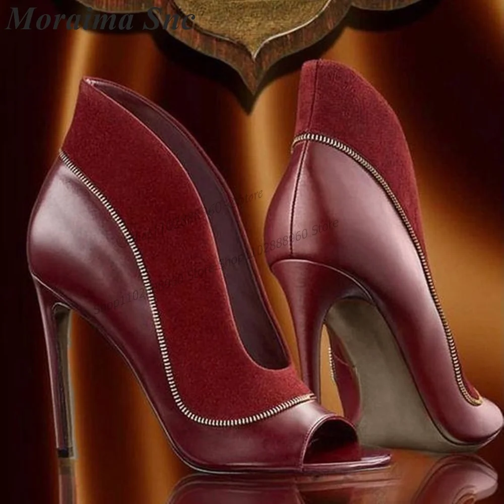 

Sexy Burgundy Leather Suede Metal Zipper Decor Pumps Stilettos High Heel Women Shoes Slip-On Peep Toe 2023 Zapatos Para Mujere