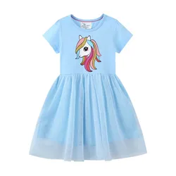 Jumping Meters Unicorn Blue Girls Princess Dresses Summer Baby Clothes Party Birthday Clothing Toddler Kids Frocks Dresses