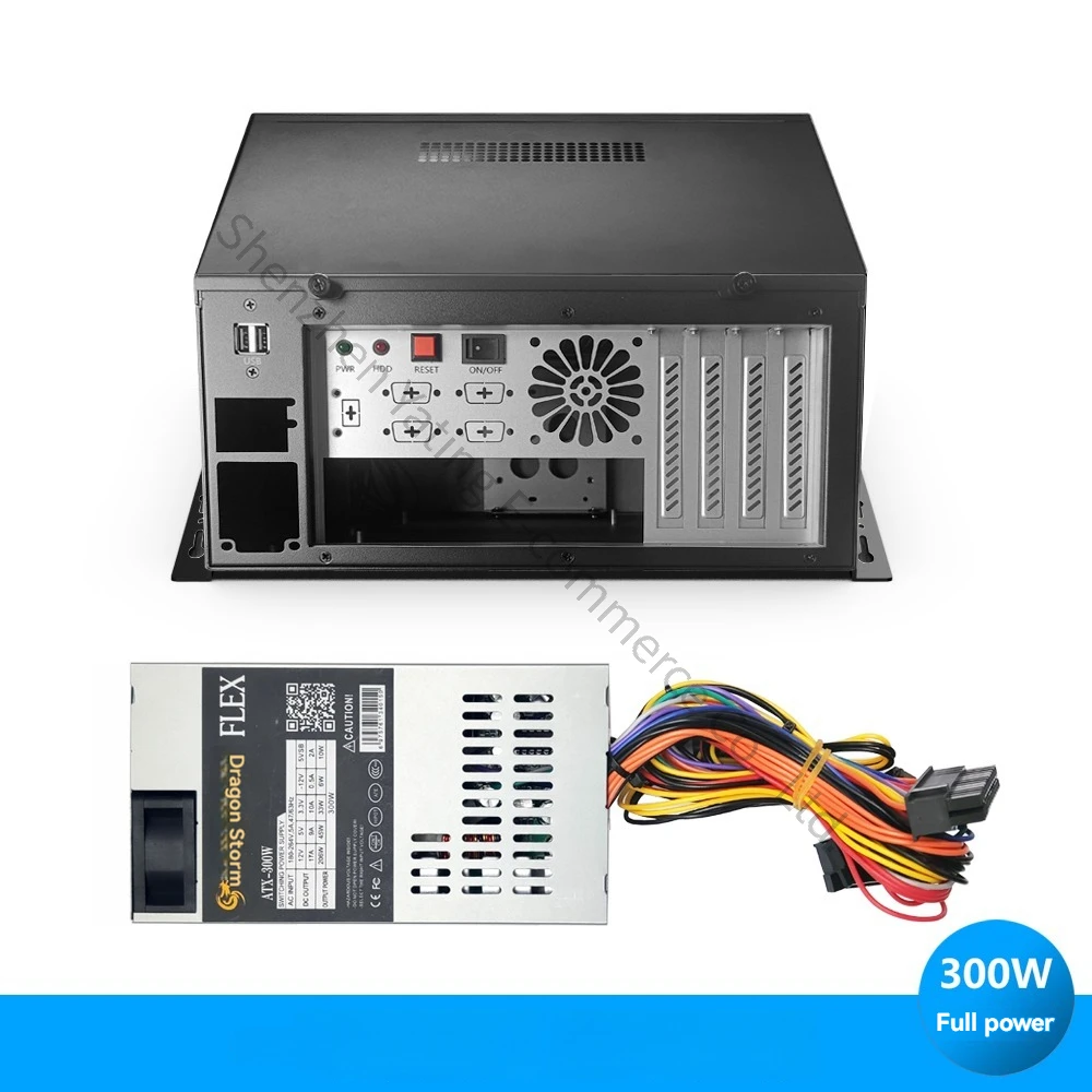 Compact MATX motherboard, wall-mountable case, industrial control server, FLEX power supply (with bracket), compact black design