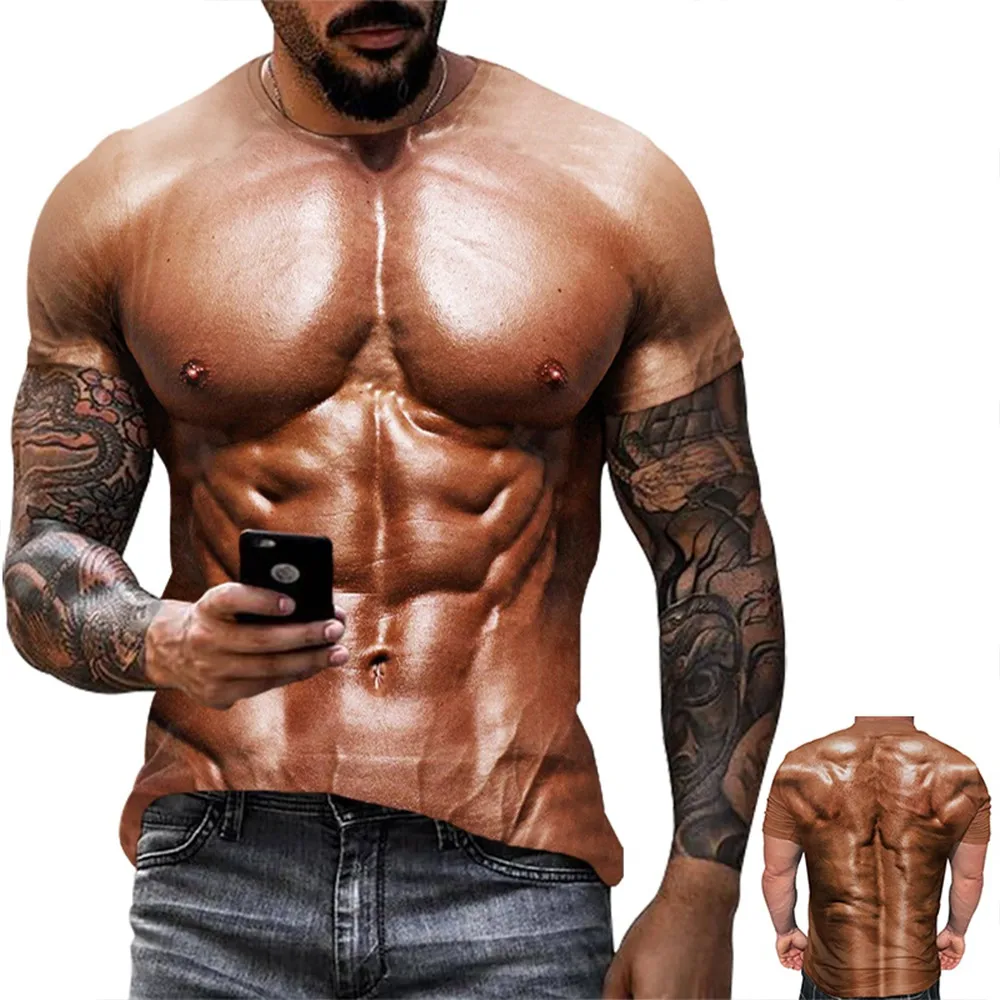 Men Fake Ripped Muscle 3D Print Crew Neck T-Shirt, Optical Illusion Graphic Short Sleeve Tee, Streetwear Casual Summer Top