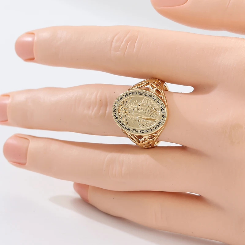 Vintage Hand Carved Virgin Mary Pattern Golden Plated Ring for Women Men Fashion Classic Festival Celebration Jewelry Accessory