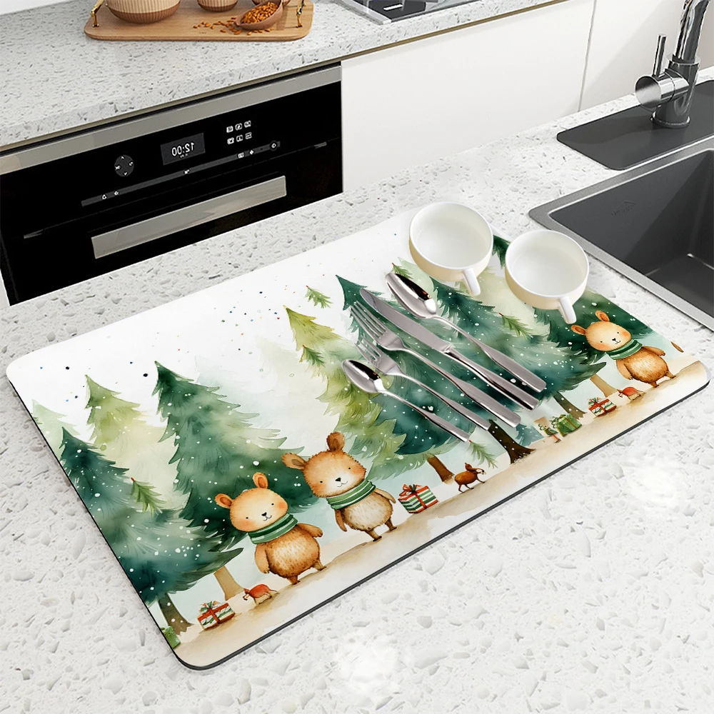 Absorbent Anti-slip Coffee Dish Mats Christmas Elk Fox  Kitchen Absorbent Draining Mat Drying Mat Quick Dry Bathroom Drain Pad image 4