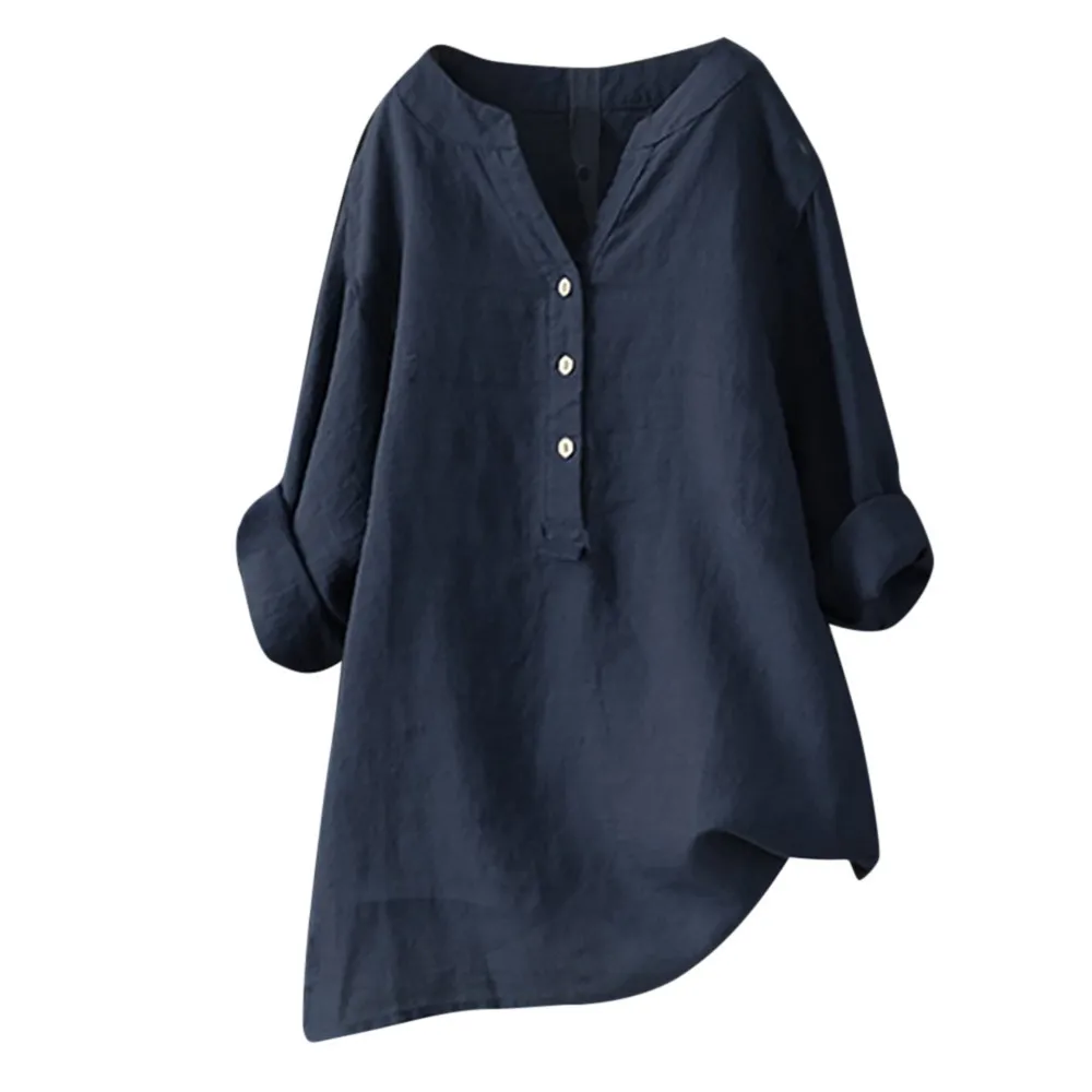 Cotton Linen Blouse Women\'s Shirt Solid Color Button V Neck Casual Loose Shirt Soft Autumn Spring Long Sleeved Baggy Tunic Tops