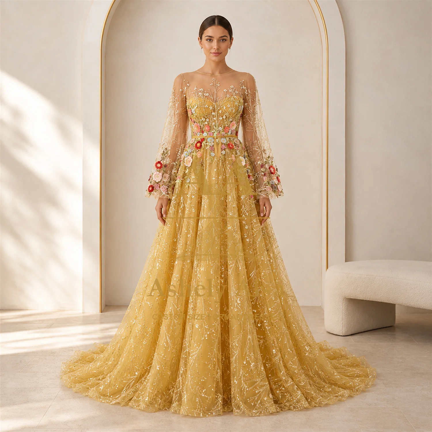 Embroidery Yellow Dress - Vestido de noite amarelo dourado, com