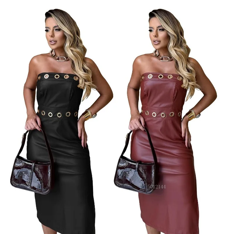여성 아이렛 인조 가죽 바디콘 스트랩리스 바디콘 미디 드레스 2025 휴가 클럽 스트리트 섹시 파티 베스티도 드레스
