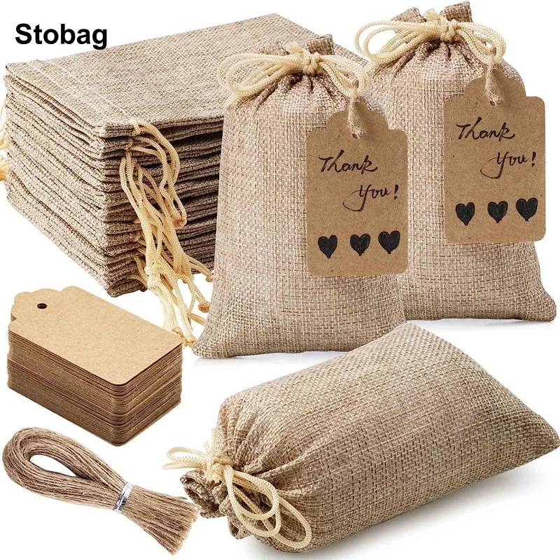 

StoBag 30/50pcs One Set Linen Drawstring Bags with Tags Gift Small Jewelry Gift Storage Packaging Portable Bundle Pocket Pouches