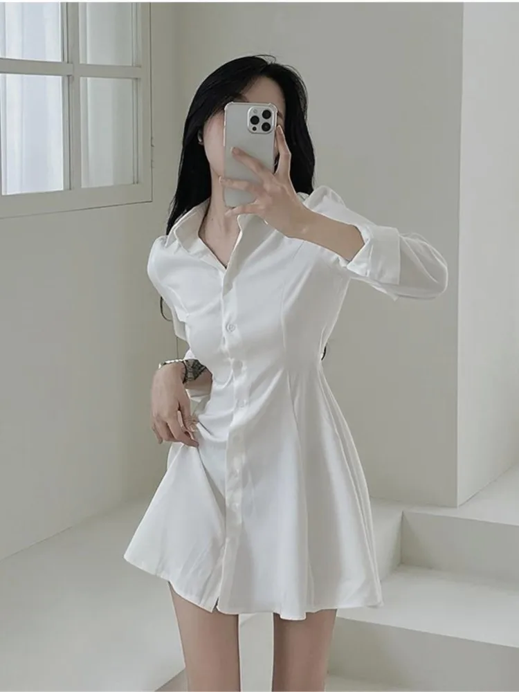 Spring Mini Shirts Dress Women Slim Fashion Long Sleeve Korean Style Ladies Dresses Ruffle Pleated Casual Woman Shirts Dress