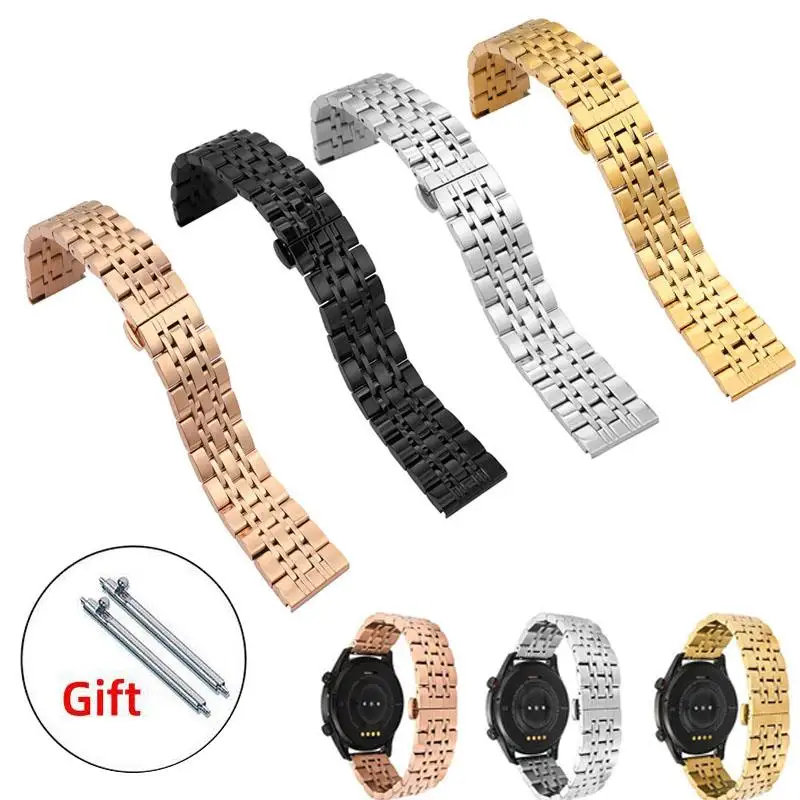 20mm 22mm Stainless Steel Silver Gold Black Seven Rice Beads Universal Straight End Watch Strap Band Bracelet Butterfly Clasp