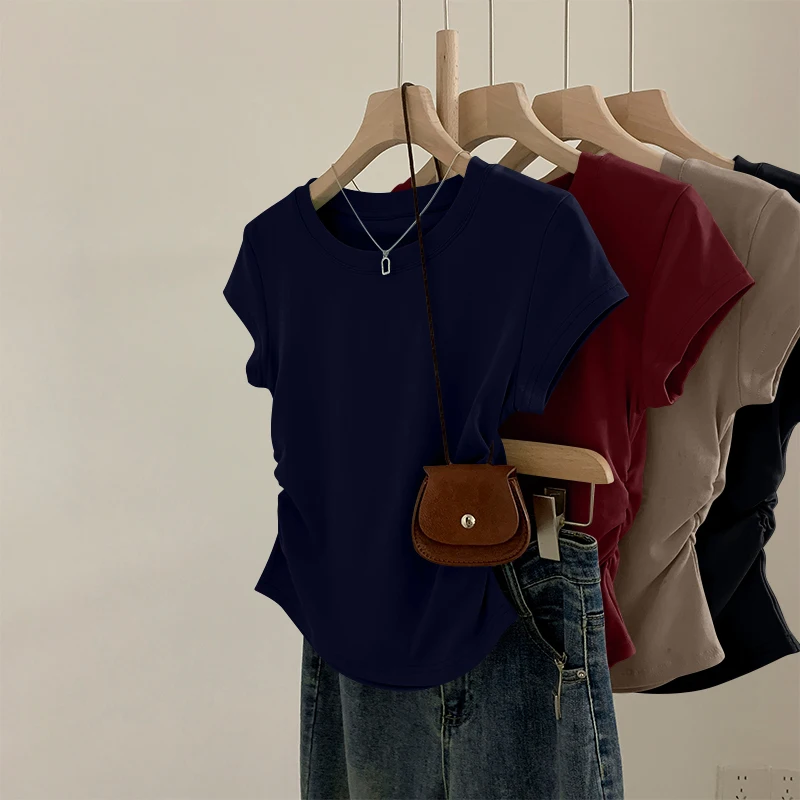 

Slim Fit ort Sve T-irt Women's 2025 New Summer Ele Waist-Cinching Asymmetrical Single Wear Beau Enhancing Top