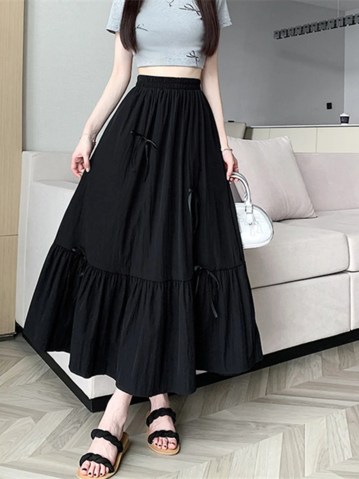 

Летняя юбка-миди с завязками на талии, женская, с высокой талией, стройнящая, универсальная, А-силуэт, элегантная, однотонная