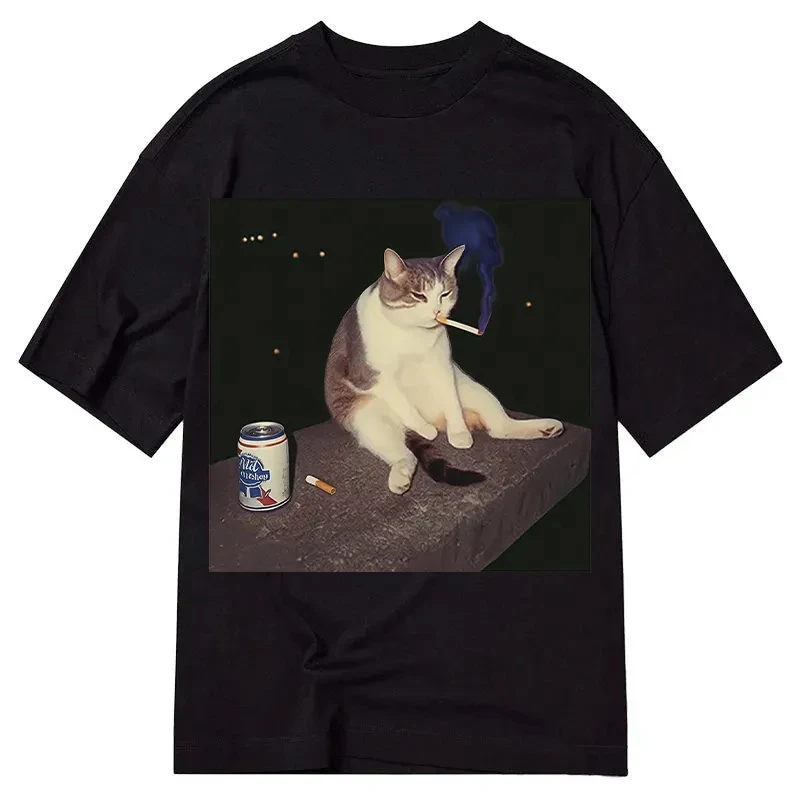 Cat Meme T-Shirt Men Women Vintage Aesthetic Cat with Cigarette and Beer Print Oversized Casual Streetwear Short Sleeve Tee Tops