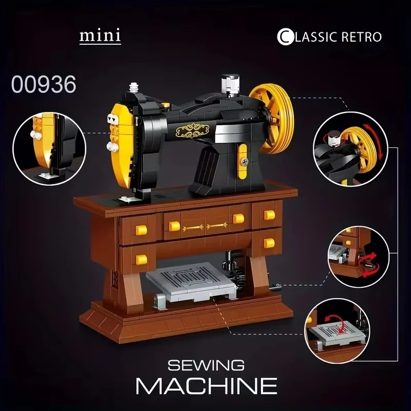 

633 retro sewing machine building block model mechanical assembly toy nostalgic gift home decoration collection