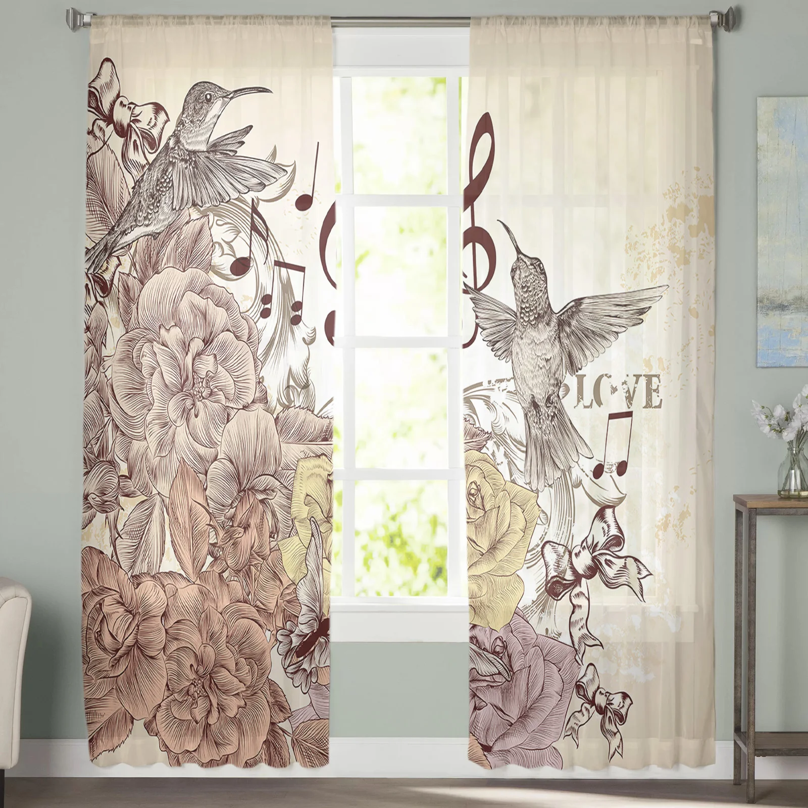 Yellow Bow Flower Humming Bird Notes Sheer Curtains for Living Room Children's Bedroom Curtains Kitchen Dining Room Curtains