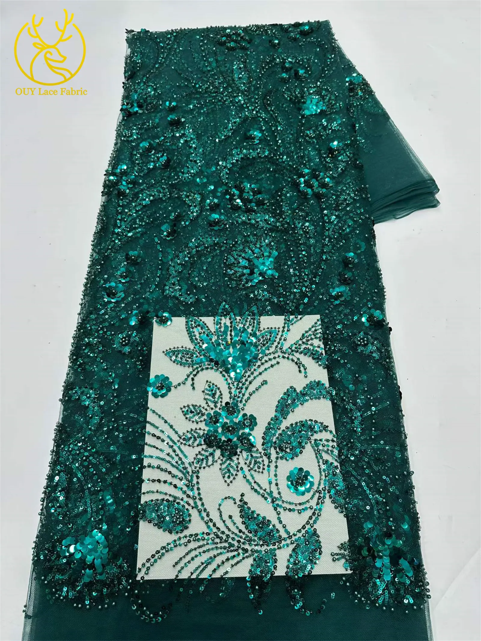 Eleganter 5-Yard-Paillettenstoff mit Kleinen Blumen, Afrikanischer Perlen-Pailletten-Spitzenstoff, Nigerianischer Luxuriöser Pailletten-Netzstoff für Kleider und Näharbeiten – Detail 11