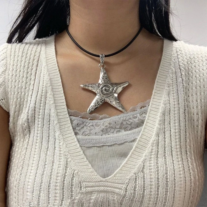 652F Big-Star Necklace Fashion Y2K Pentagram Pendant Clavicle Chain Jewelry for Women Exaggerate Charm Wax Chain Necklace