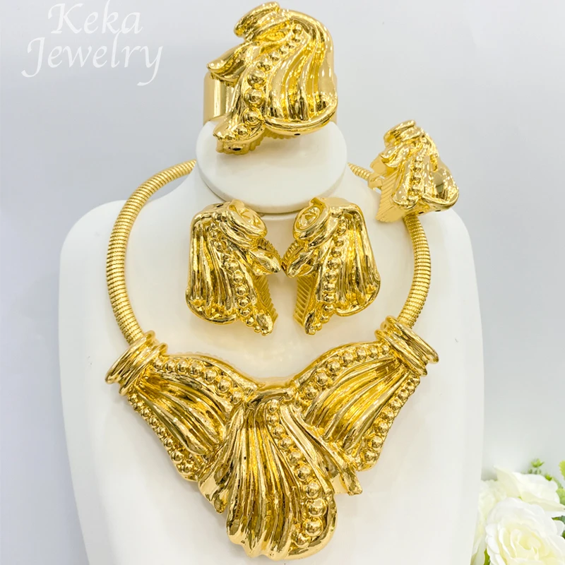 

Luxury Gold Color Jewelry Set for Women Bride Italy Large Necklace Bracelet Earring RinG Set African Wedding Party Accessories