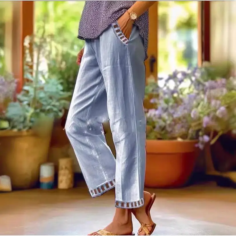 

Casual Loose ket Cotton Linen Elastic Waist Pants Comfortable Breathable l Waist Women's Faion Commute Sle