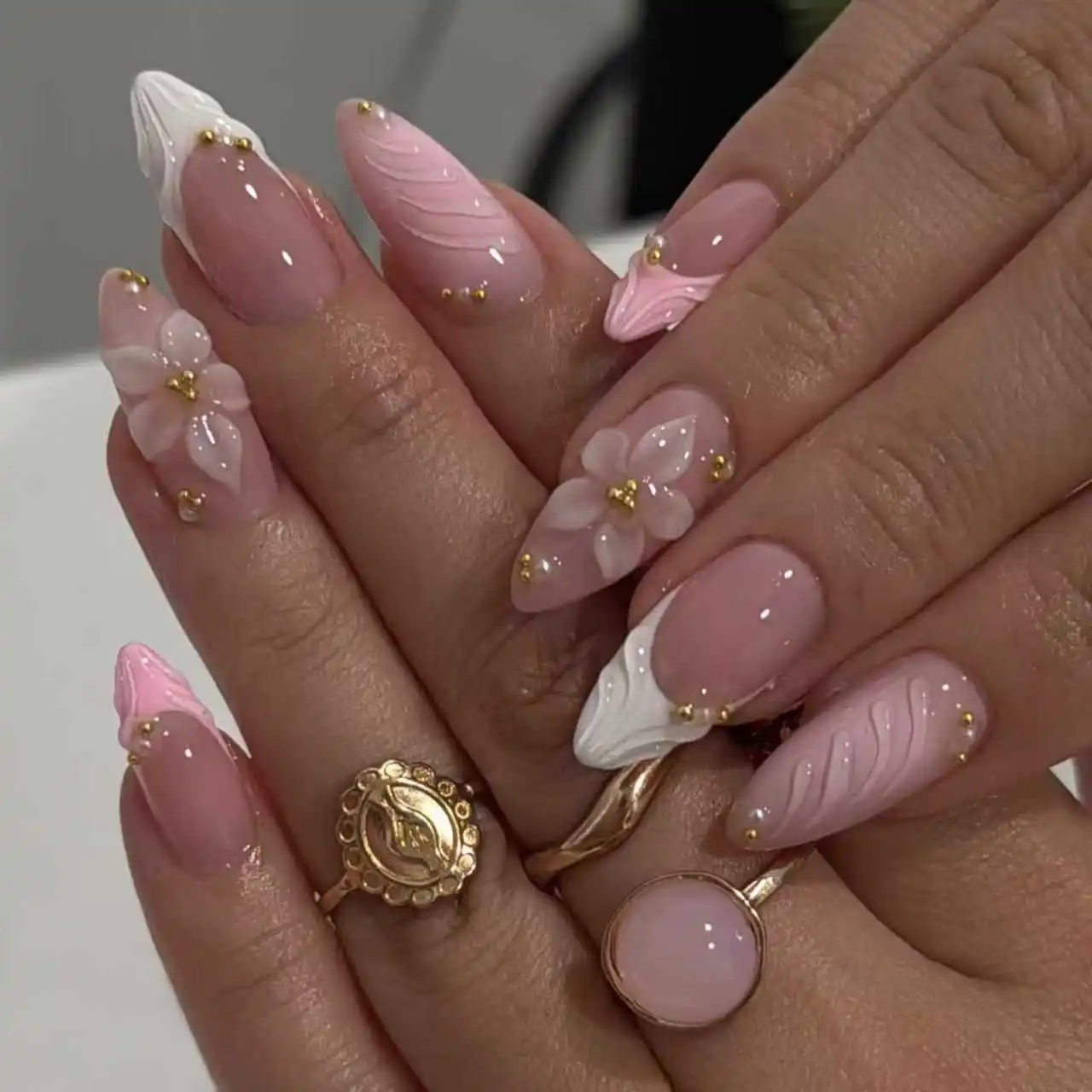 24PCS Pink Almond Press On Nails, 3D Carved Flower & Ripple French Fake Nails with Gold Pearls