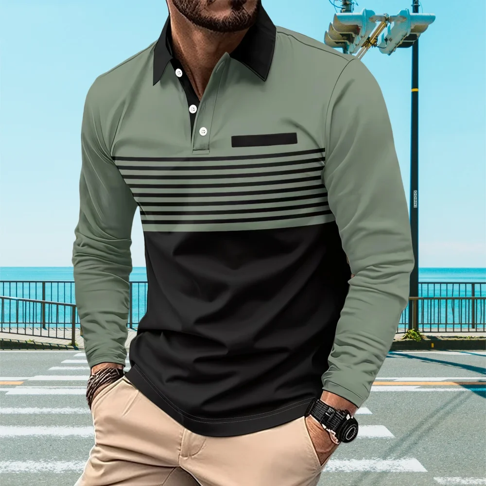 Mens Polo Shirts 3D Stripe Colorblock Print Fashion Sports Lapel Golf T-Shirt Men Tops Casual Long Sleeve T-Shirt Man Clothes