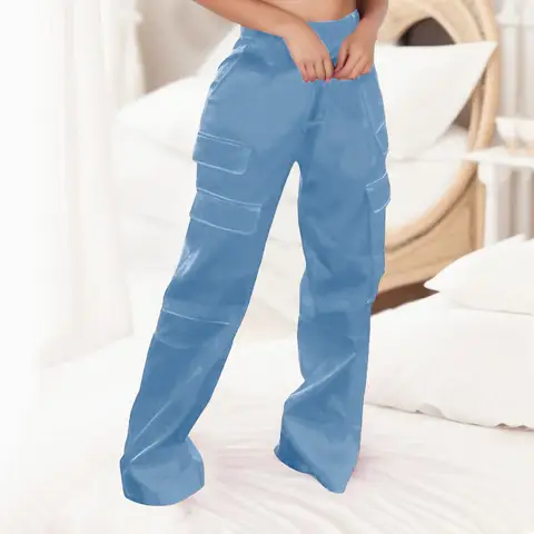 Casual Pants for Women Women High Waisted Satin Cargo Pants Wide Leg Casual Pants Pockets Elastic Waist Baggy Comfty Trousers