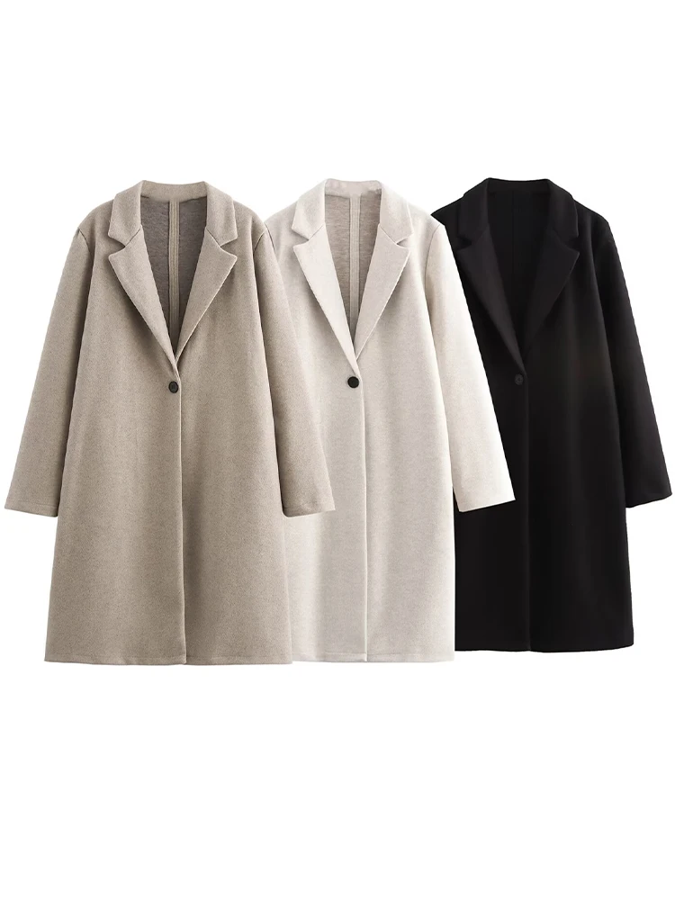 Nowa kolekcja odzieży damskiej 2025: Moda w stylu europejskim i amerykańskim, jednolity kolor, płaszcz o średniej długości z klapami, długi rękaw, rozpinany.