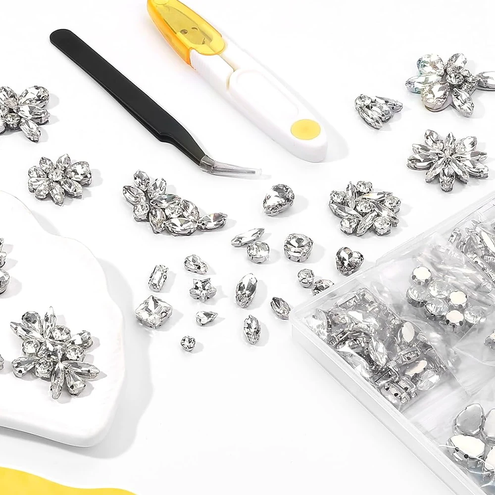100 Pcs Glass Rhinestones Flat Mixed Shape Rhinestones Clear Flat Back Rhinestones for Clothes Shoes DIY Crafts