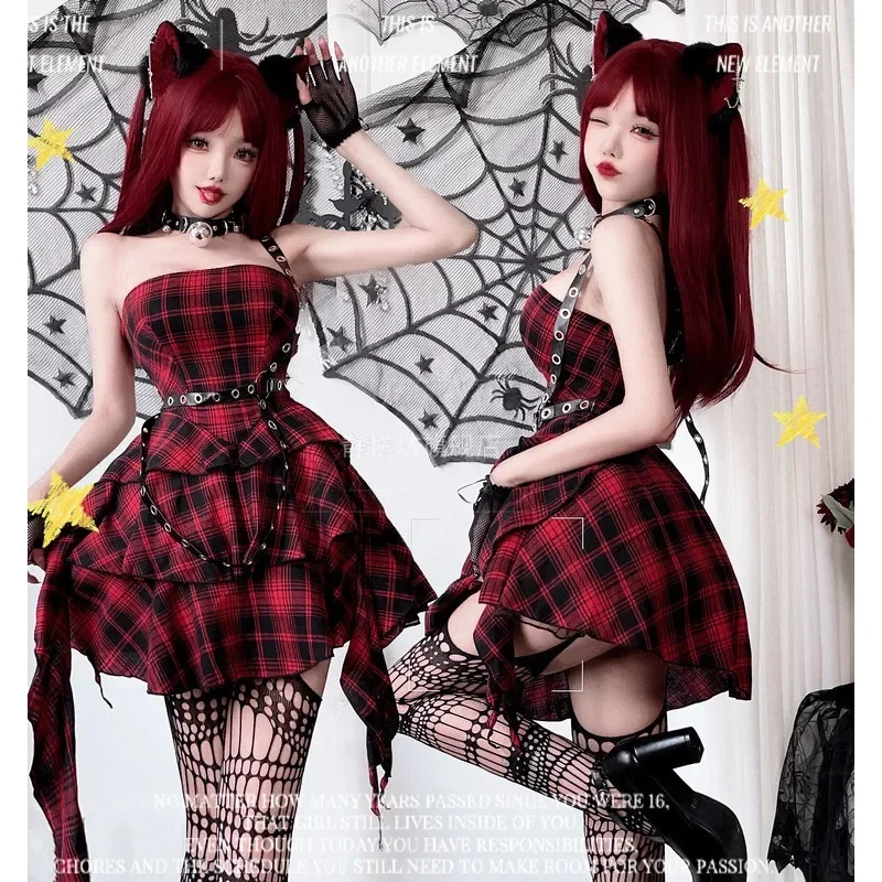 Sweet Cool Red and Black Plaid Straps Dark Gothic Chest-wrapped Skirt New Year's Christmas Punk Rock Music Festival Party Wear