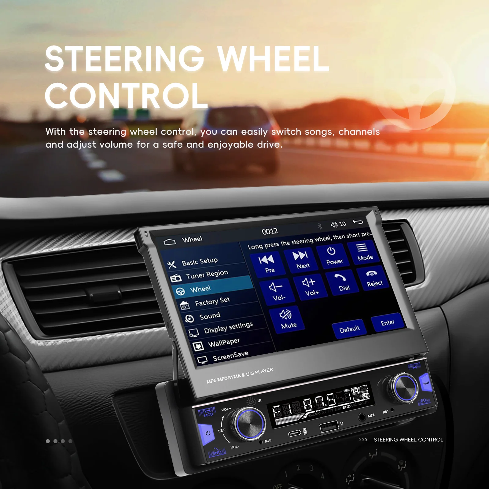 Podofo 7 ''1Din شاشة قابلة للسحب EQ صوت FM/AM/RDS مشغل وسائط متعددة Carplay أندرويد السيارات بلوتوث Type-C USB SWC صوت السيارة #4