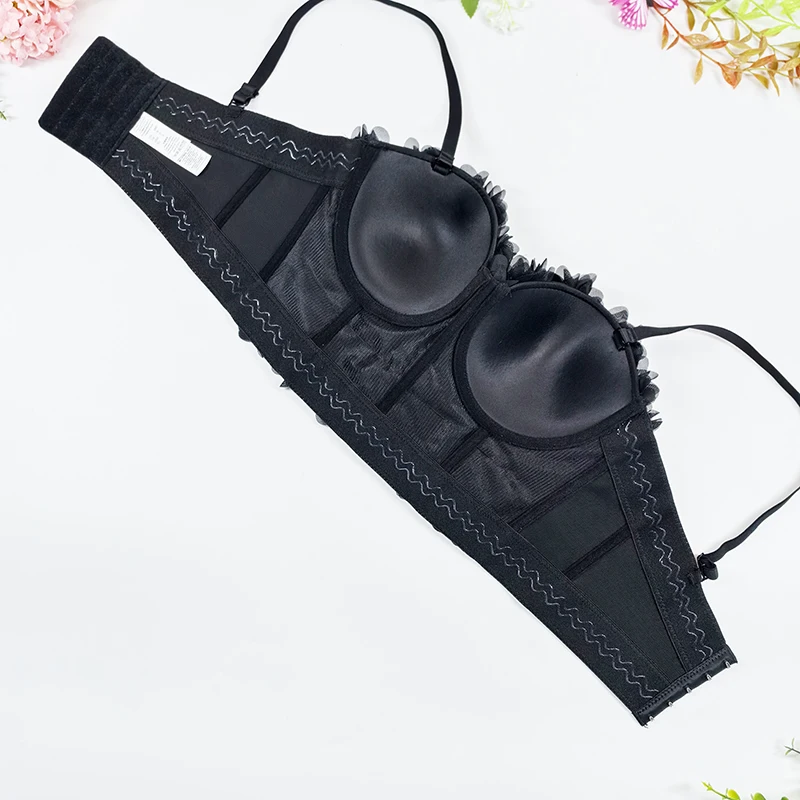 Unique French Style Flower Beaded Camisole 3D Floral Design Sexy Bra Hot Girl Outside Fish Bone Tight Suspender Backless Bra