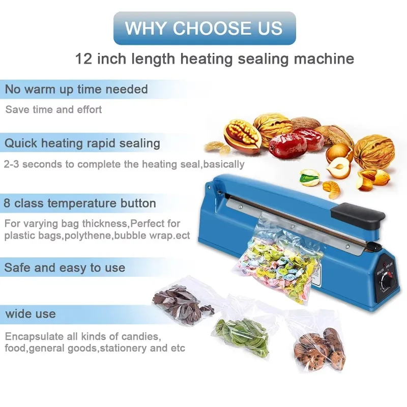 Máquina de sellado térmico manual semiautomática de 300Mm, máquina de sellado de película de cartón de plástico y alimentos, máquina de sellado por pulsos