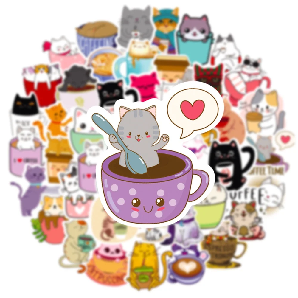 50 Buah/Set Stiker Tahan Air Kucing & Kopi untuk Stiker Helm Ponsel Toko BulingBulingStickers