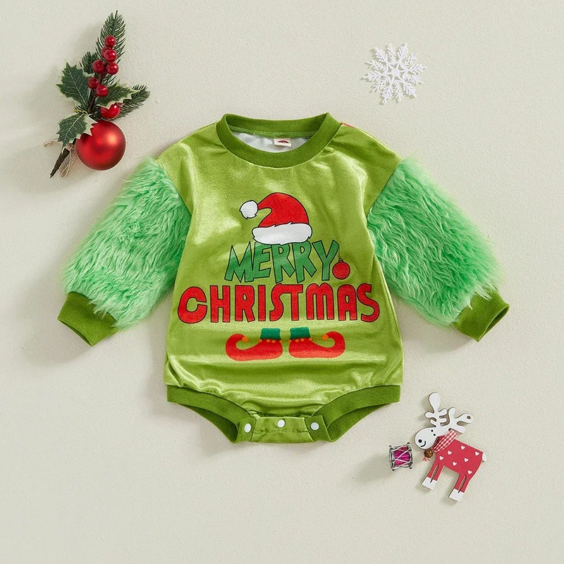 

Baby Girl Boy Christmas Fleece Jumpsuit Letter Print Round Neck Long Sleeve Romper Adorable Plush Bodysuits