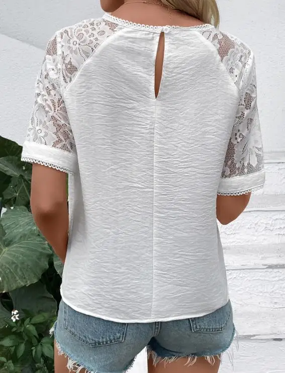 

Summer New Fashionable and Elegant Crochet Lace Patchwork Perspective Design Round Neck Slim Fit Short Sleeved Chiffon Shirt