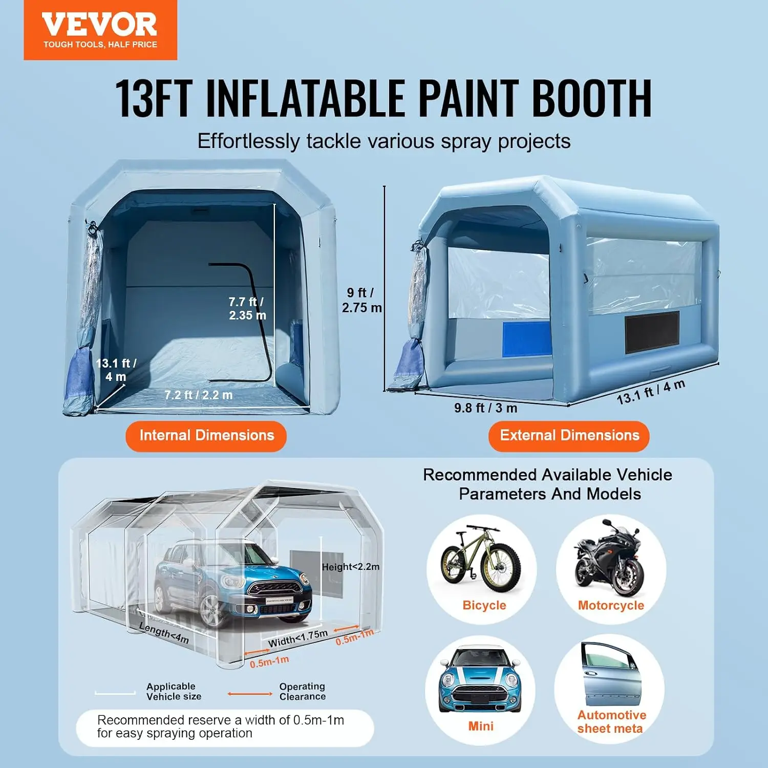 Inflatable Paint Booth, 13.1 x 9.8 x 9 ft Inflatable Spray Booth, with 750W Powerful Blower and Air Filter System, Portable Car