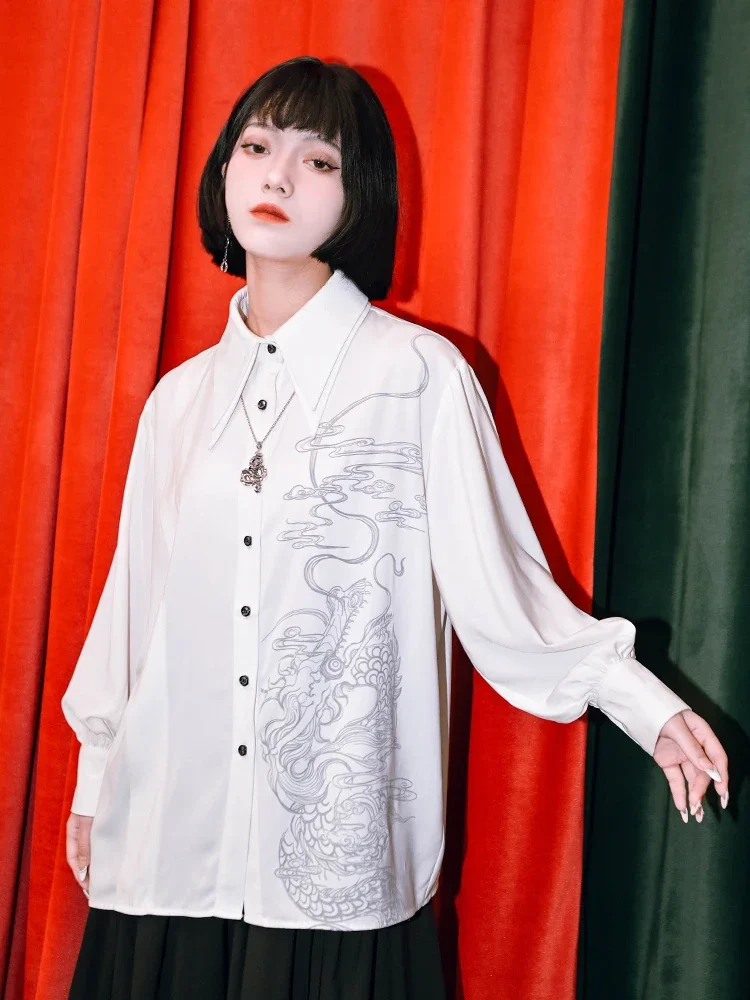 

New women Chinese clothes top Style National Style Han Elements Double Layered Collar White Shirt Printing Lantern Sleeve Tops