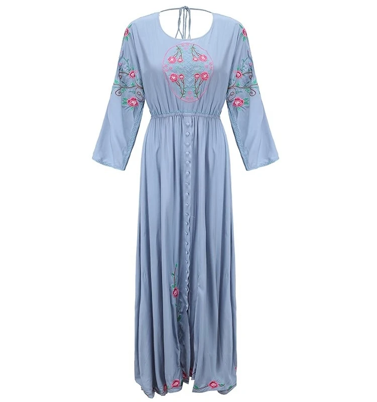 Elastic Waist Both Sides Wearable Maxi Dresses Women Boho Beach Cotton Floral Embroidery Robe Vintage Backless Dress Vestidos