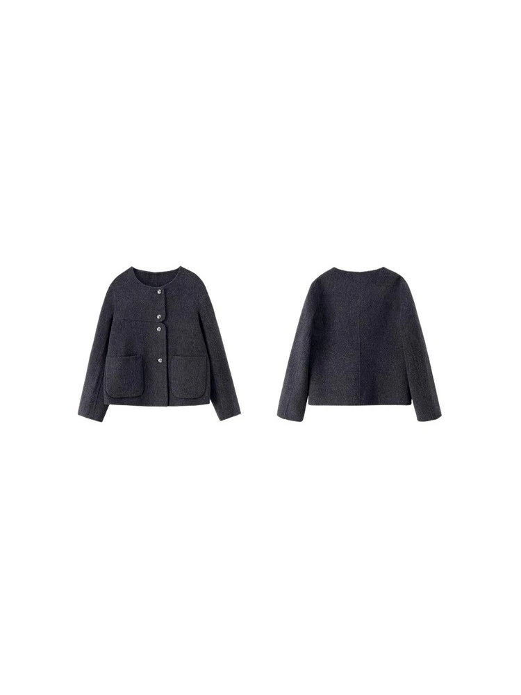 SENTUBILA Women's Wool Coat Double-Faced Wool Round Neck Long-sleeve Short Coats 2025 Winter Loose-Fit Lady Clothing W54OF8763