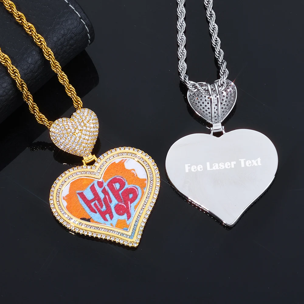 

Ny Custom Heart Hook Picture Memory Medallions Heart Pendants Hip Hop Bling DIY Jewellery Cubic Zircon Heart Photo Necklace