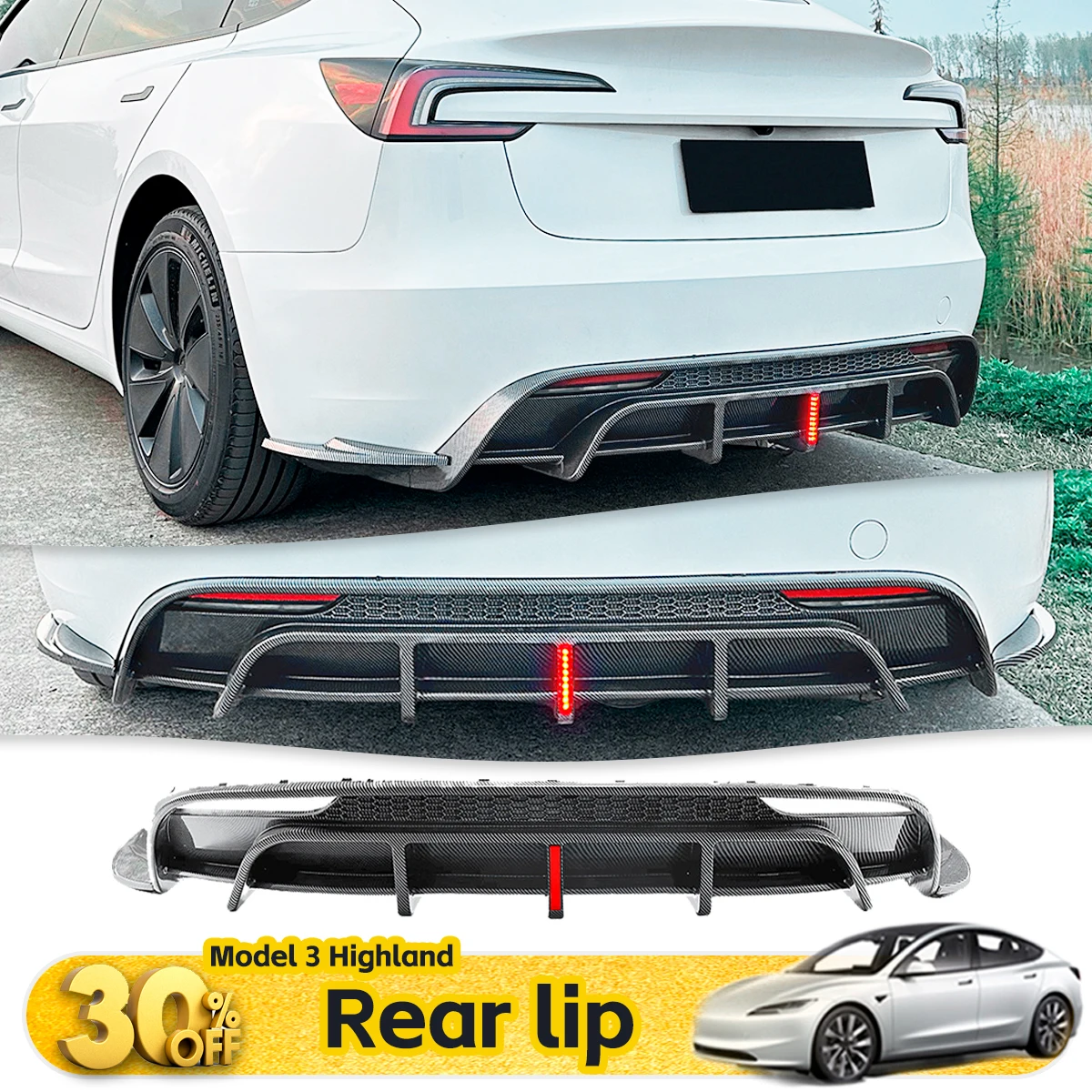 Tesla Model 3 Highland 2024+ Rear Bumper Diffuser with LED Light Blade-Style Spoiler & Exterior Modification Kit Car Accessories