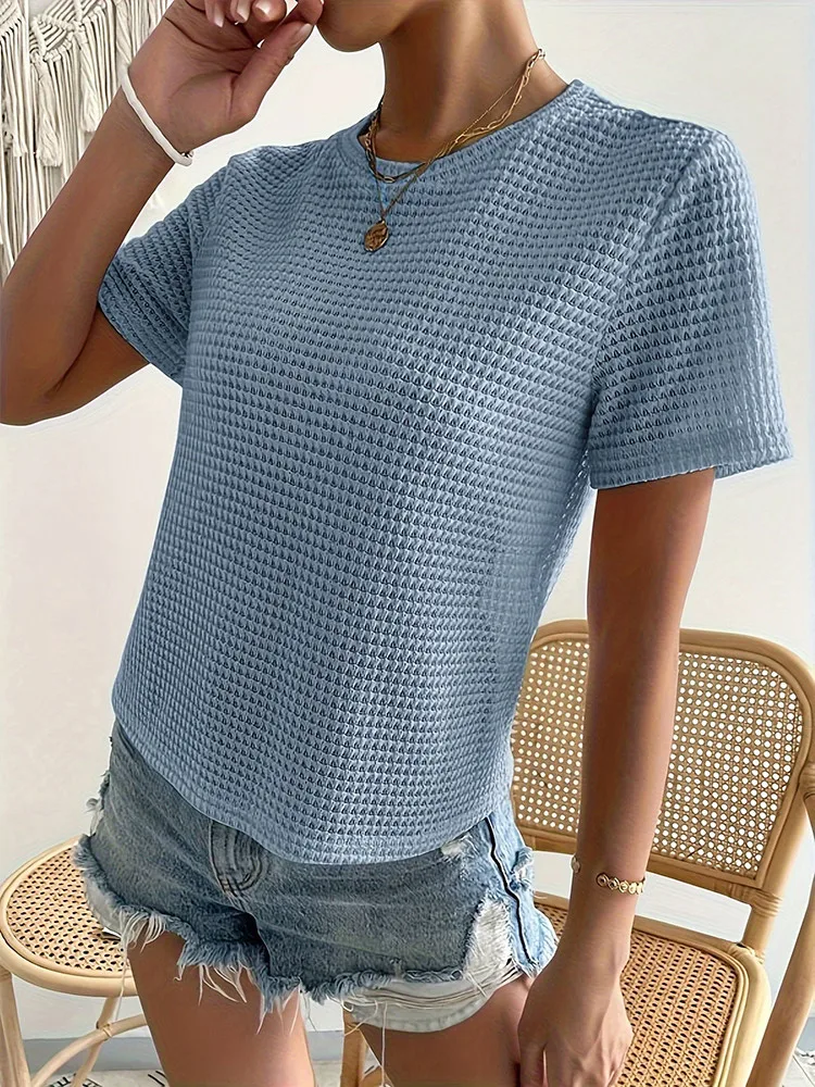 Women\'s Summer New Casual Soild Blue Color Loose Texture Jacquard American All-in-one Knitted Round Neck Solid Color T-shirt