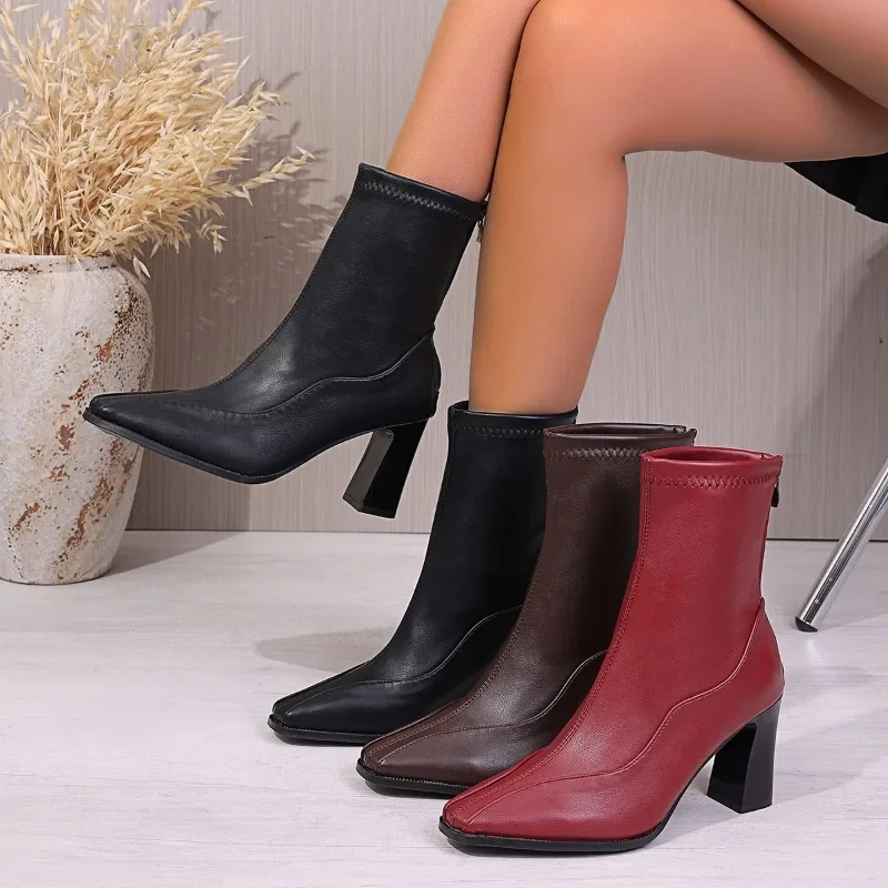 

French Heeled Booties Women 2025 Fall New Vintage Pointed Toe Block Heel Brown Chelsea Boots