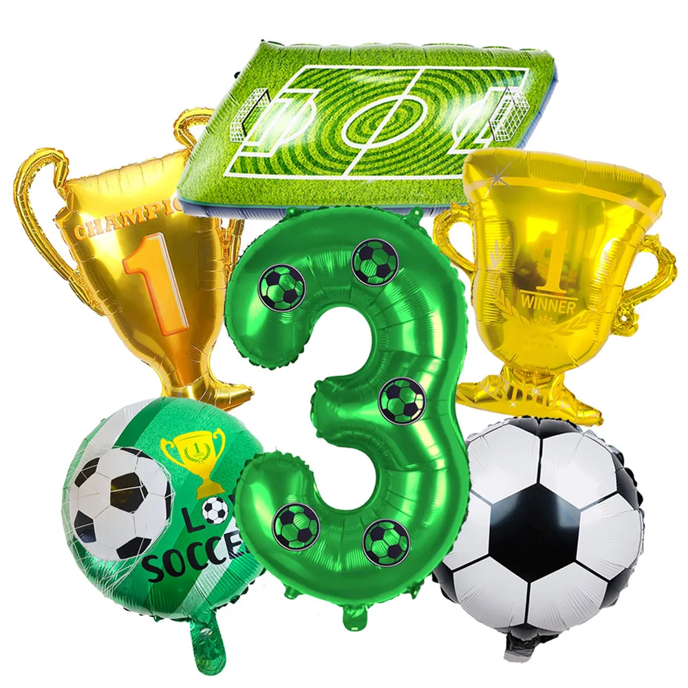6pcs Soccer Field Trophy 0-9 Number Balloons Set Kids Football Theme 3th Birthday Party Baby Shower Football Club Decoration