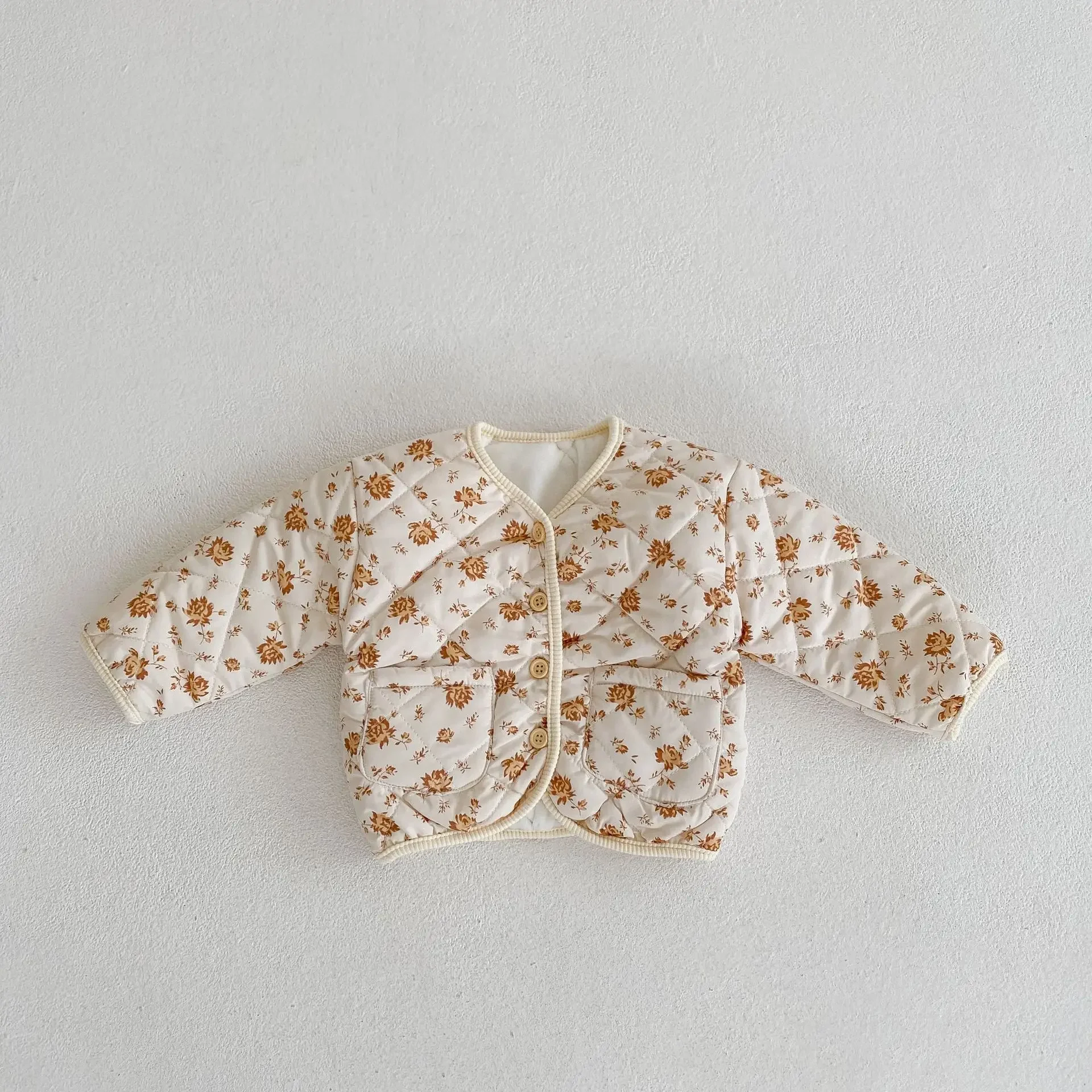 2024 Winter Clothing New Girls Baby Cotton Coat Thickened Long Sleeve Flower Printed Cotton Diamond Grid Cardigan Coat